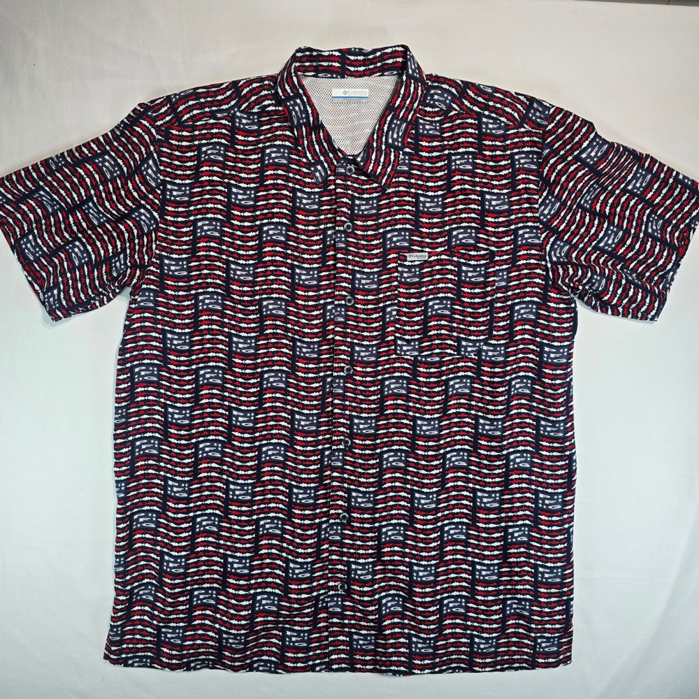 Columbia PFG Mens Large Fish Flag Shirt Red White Blue Button Down FT7011